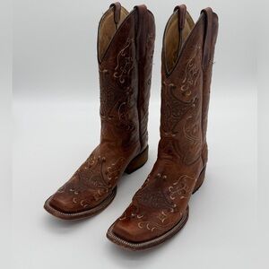 Circle G by Corral Cognac Leather Embroidered Western Cowgirl Boots Snip Toe 9.5